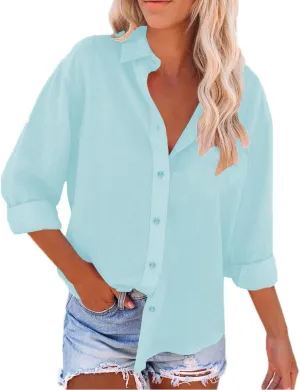 Women Linen Button Down Shirt Button Down Blouses Tops Sleeve Christmas Fall Jacket Dress Shirts for Women Blouse Blue