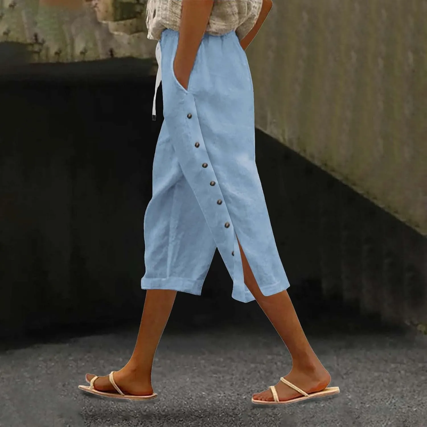 Women Linen Pants Petite Boho Flowly High Waist Wide Leg Pants Summer Casual Loose Palazzo Beach Trousers with Pockets