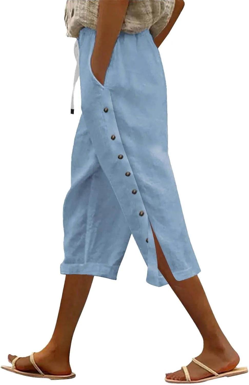 Women Linen Pants Petite Boho Flowly High Waist Wide Leg Pants Summer Casual Loose Palazzo Beach Trousers with Pockets