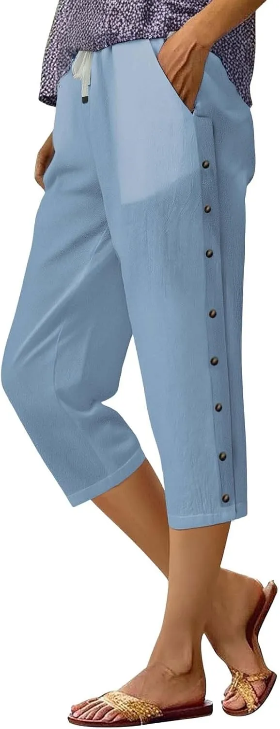 Women Linen Pants Petite Boho Flowly High Waist Wide Leg Pants Summer Casual Loose Palazzo Beach Trousers with Pockets