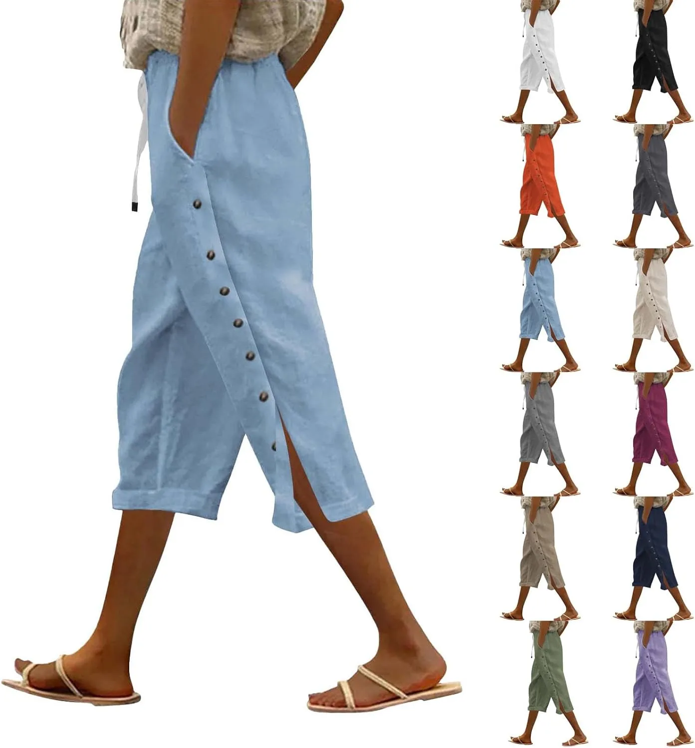 Women Linen Pants Petite Boho Flowly High Waist Wide Leg Pants Summer Casual Loose Palazzo Beach Trousers with Pockets