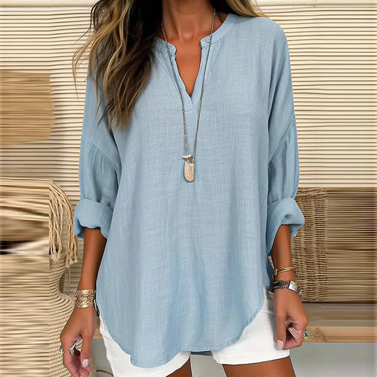 Women Linen Shirts Autumn and Winter Work Daily Long Sleeved Slim Light Blue Shirt Top Women Blouses Linen Blouses