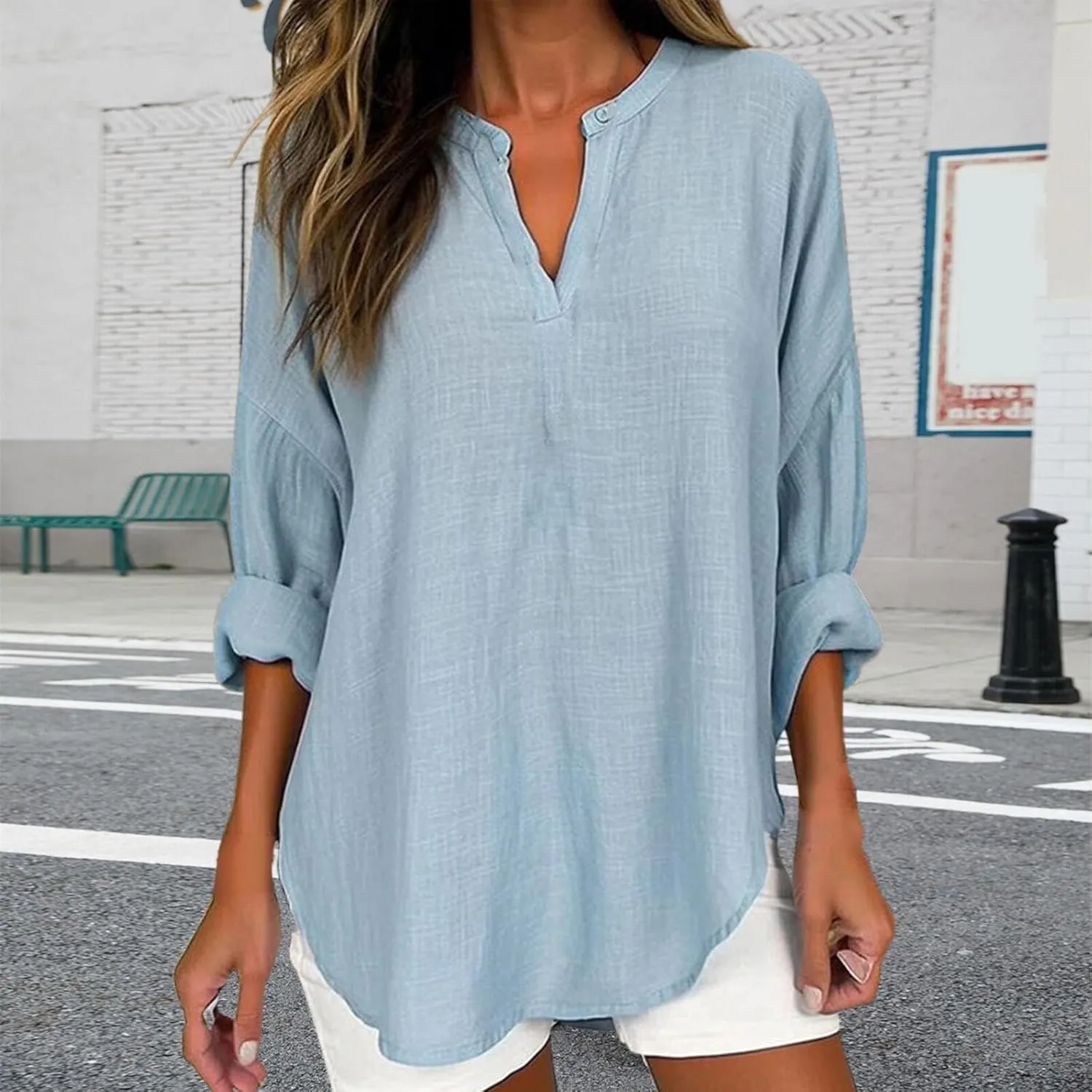 Women Linen Shirts Autumn and Winter Work Daily Long Sleeved Slim Light Blue Shirt Top Women Blouses Linen Blouses