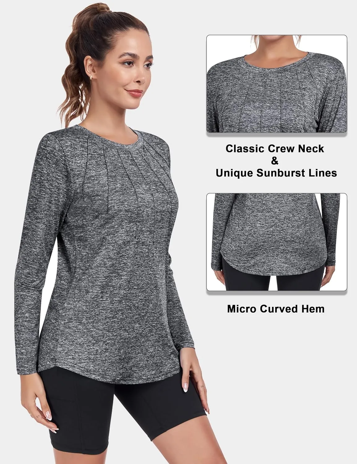 Women Long Sleeve Workout Shirts, Sport Tops Crewneck Lightweight Quick Dry Hiking Athletic T-Shirts