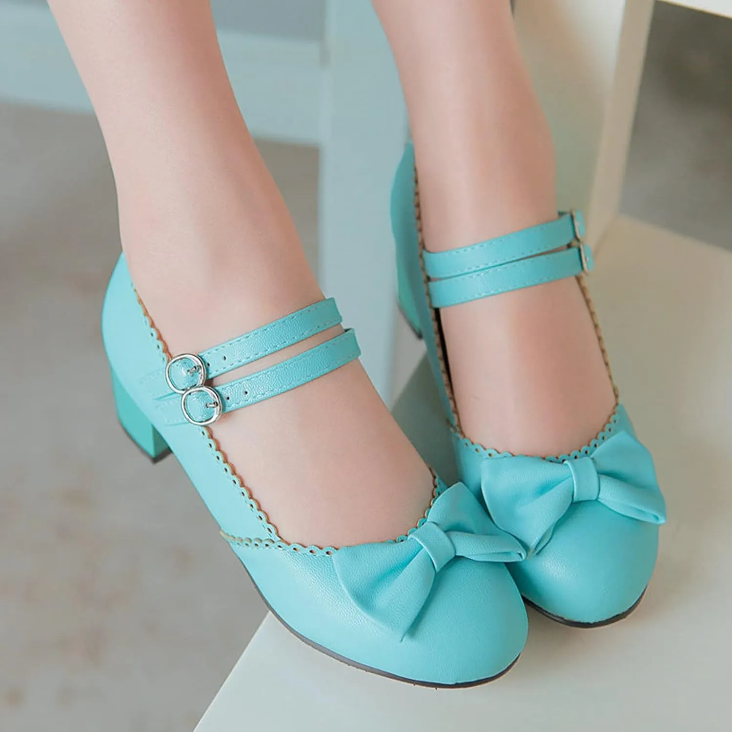 Women Mary Jane Sweet Bow Dress Pumps Double Ankle Strap Round Toe Fashion Girls Chunky Mid Heel Shoes