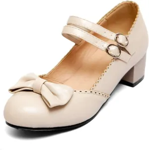 Women Mary Jane Sweet Bow Dress Pumps Double Ankle Strap Round Toe Fashion Girls Chunky Mid Heel Shoes