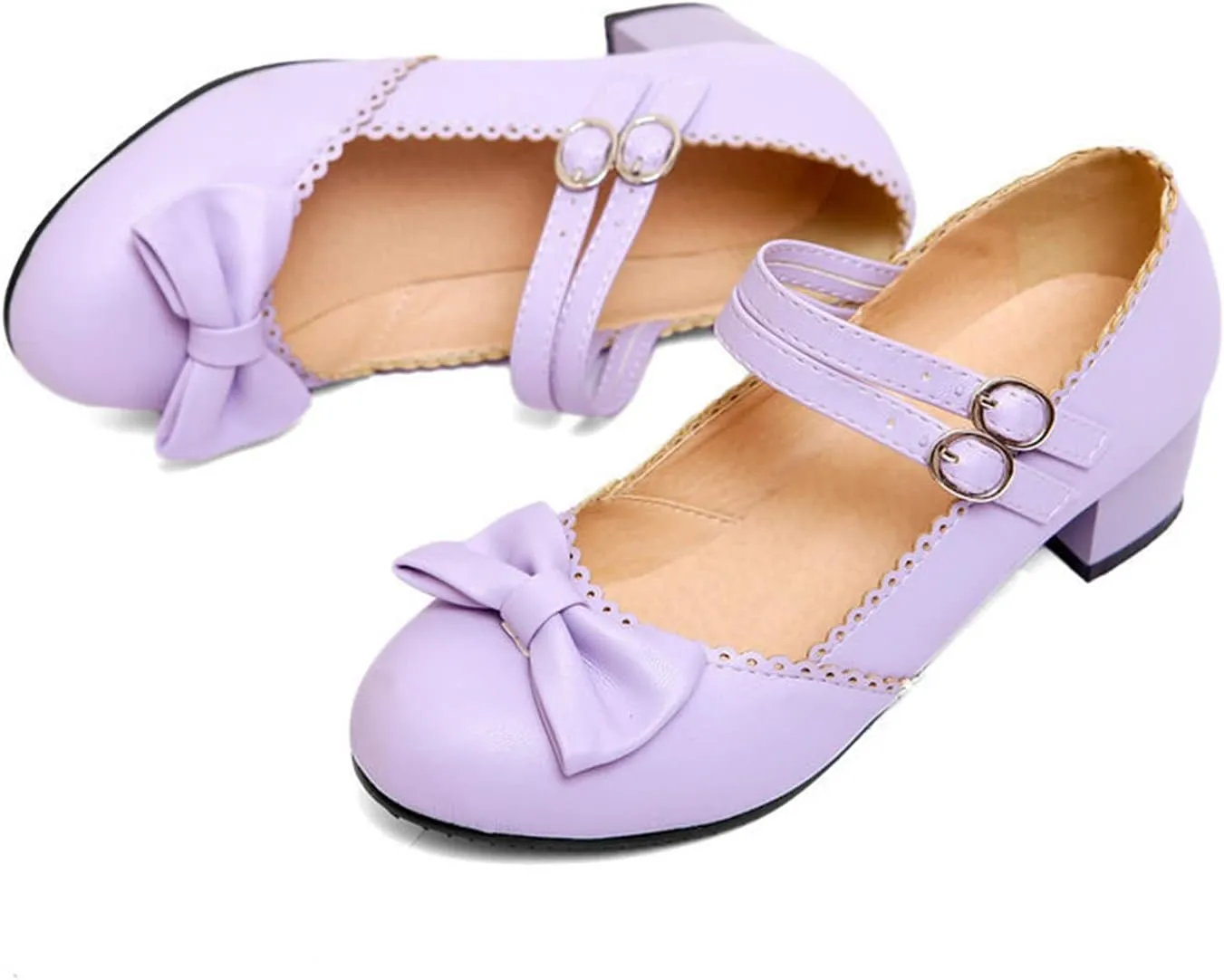 Women Mary Jane Sweet Bow Dress Pumps Double Ankle Strap Round Toe Fashion Girls Chunky Mid Heel Shoes