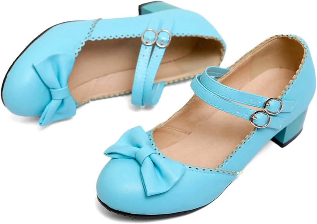 Women Mary Jane Sweet Bow Dress Pumps Double Ankle Strap Round Toe Fashion Girls Chunky Mid Heel Shoes