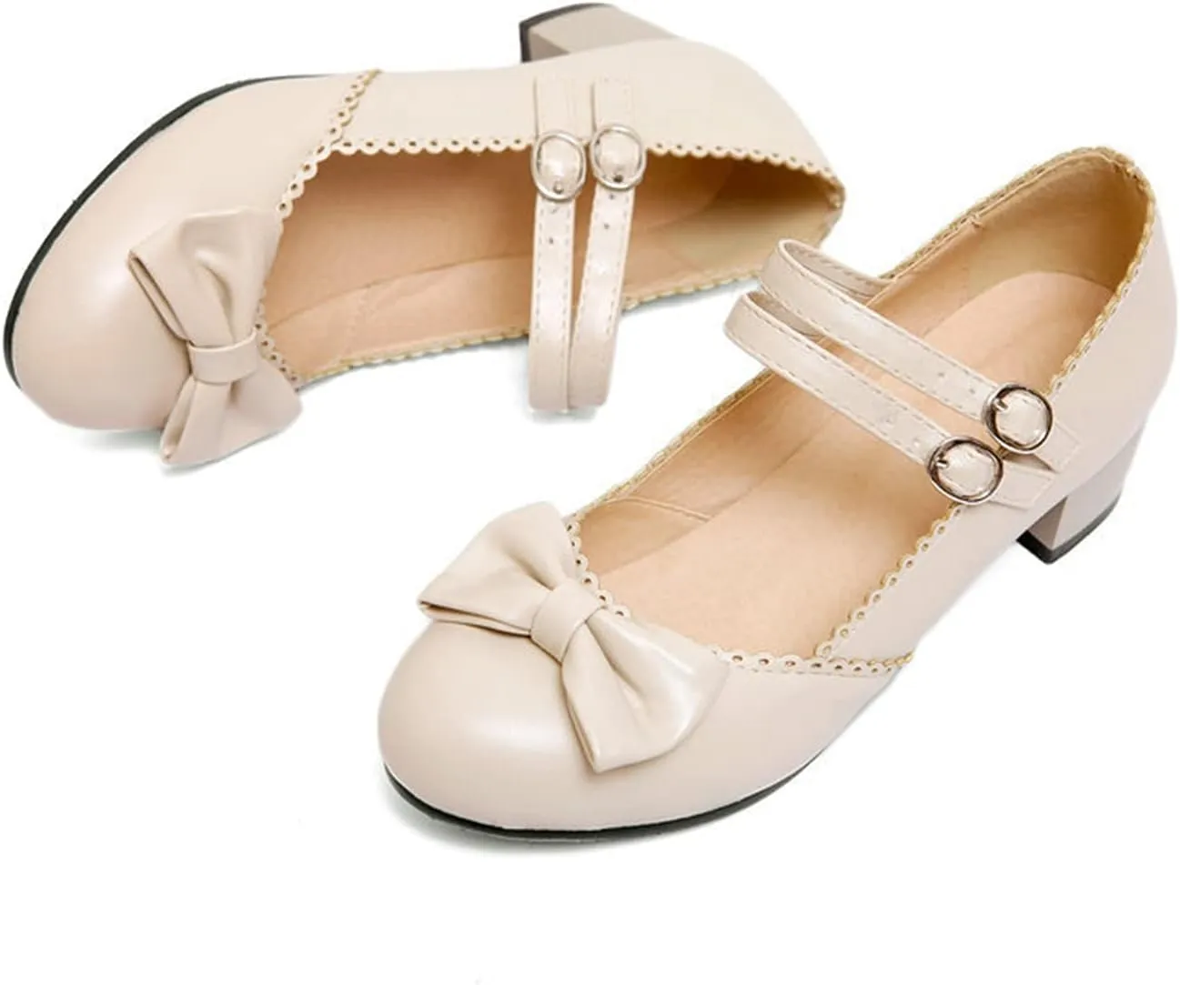 Women Mary Jane Sweet Bow Dress Pumps Double Ankle Strap Round Toe Fashion Girls Chunky Mid Heel Shoes