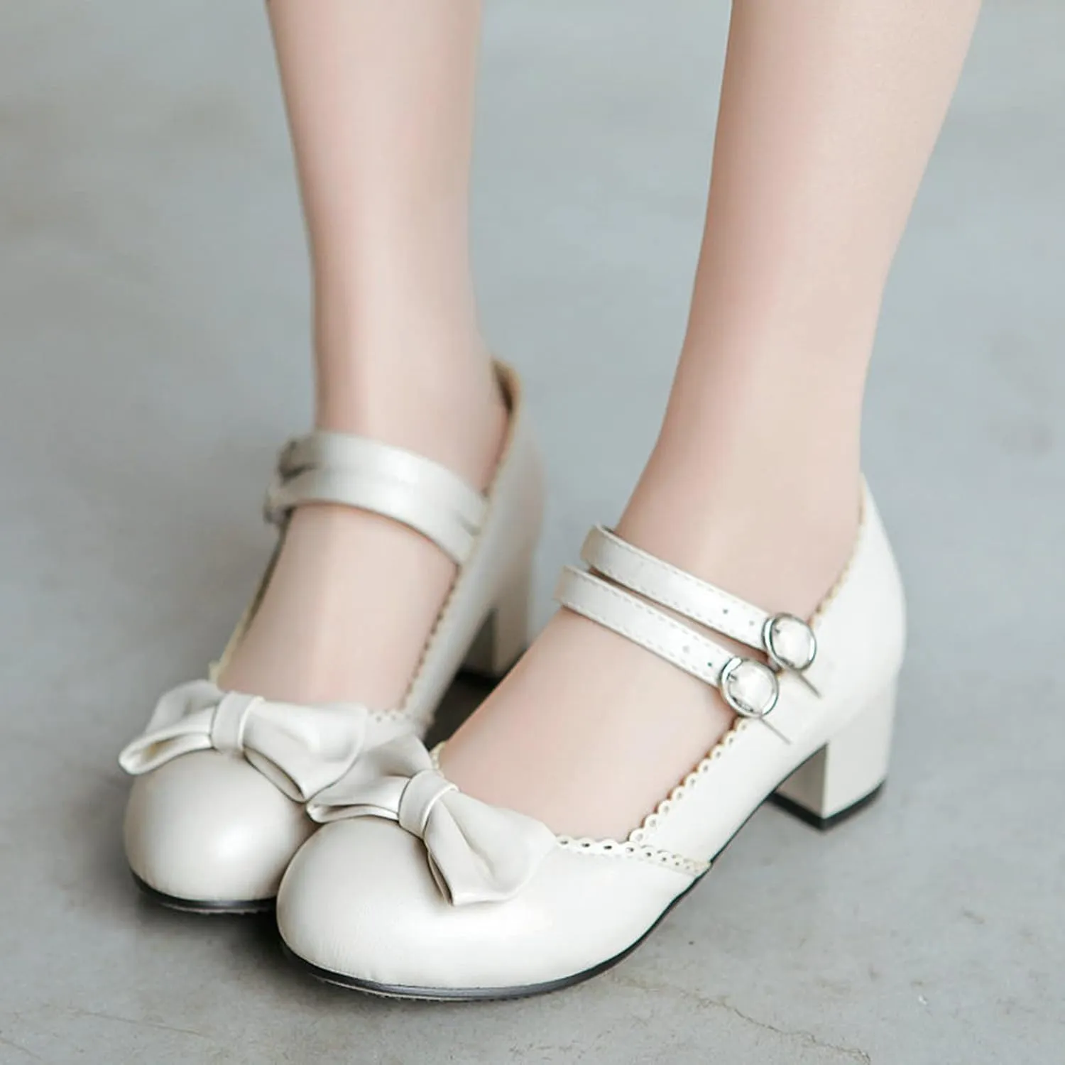 Women Mary Jane Sweet Bow Dress Pumps Double Ankle Strap Round Toe Fashion Girls Chunky Mid Heel Shoes