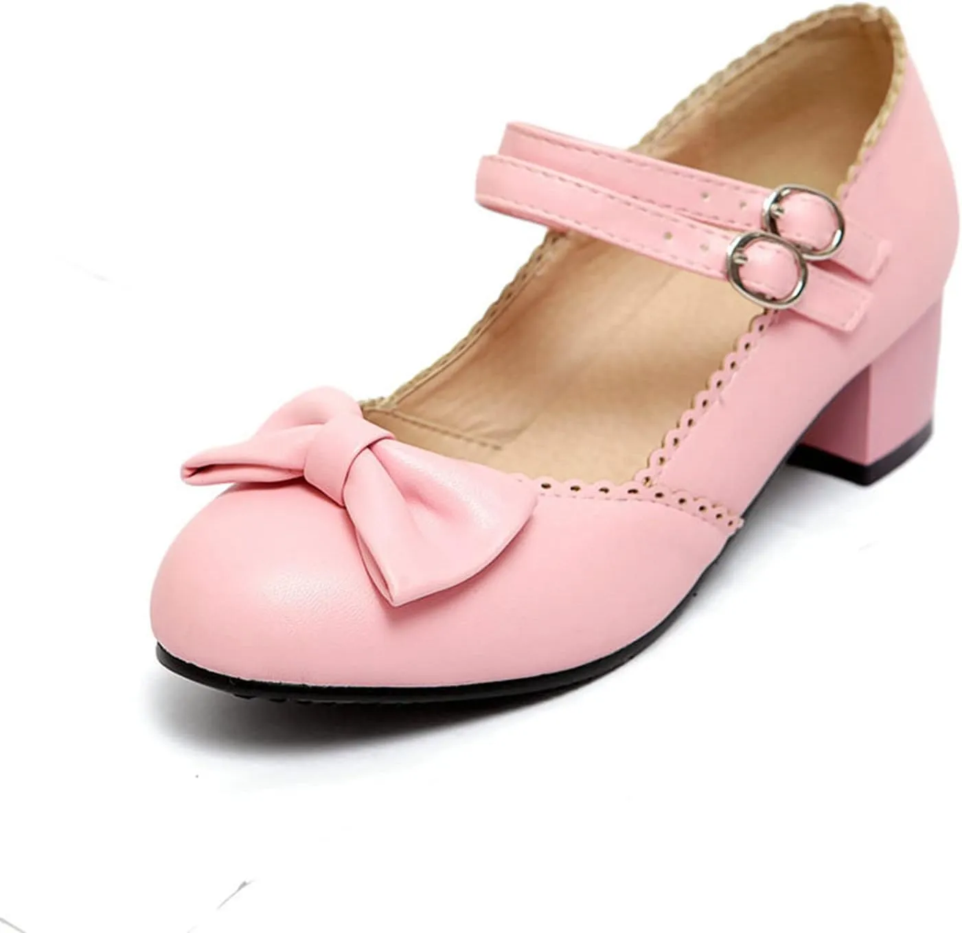 Women Mary Jane Sweet Bow Dress Pumps Double Ankle Strap Round Toe Fashion Girls Chunky Mid Heel Shoes