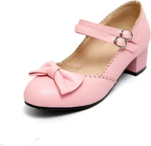 Women Mary Jane Sweet Bow Dress Pumps Double Ankle Strap Round Toe Fashion Girls Chunky Mid Heel Shoes