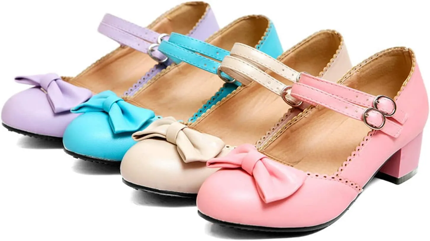 Women Mary Jane Sweet Bow Dress Pumps Double Ankle Strap Round Toe Fashion Girls Chunky Mid Heel Shoes
