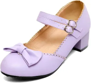 Women Mary Jane Sweet Bow Dress Pumps Double Ankle Strap Round Toe Fashion Girls Chunky Mid Heel Shoes