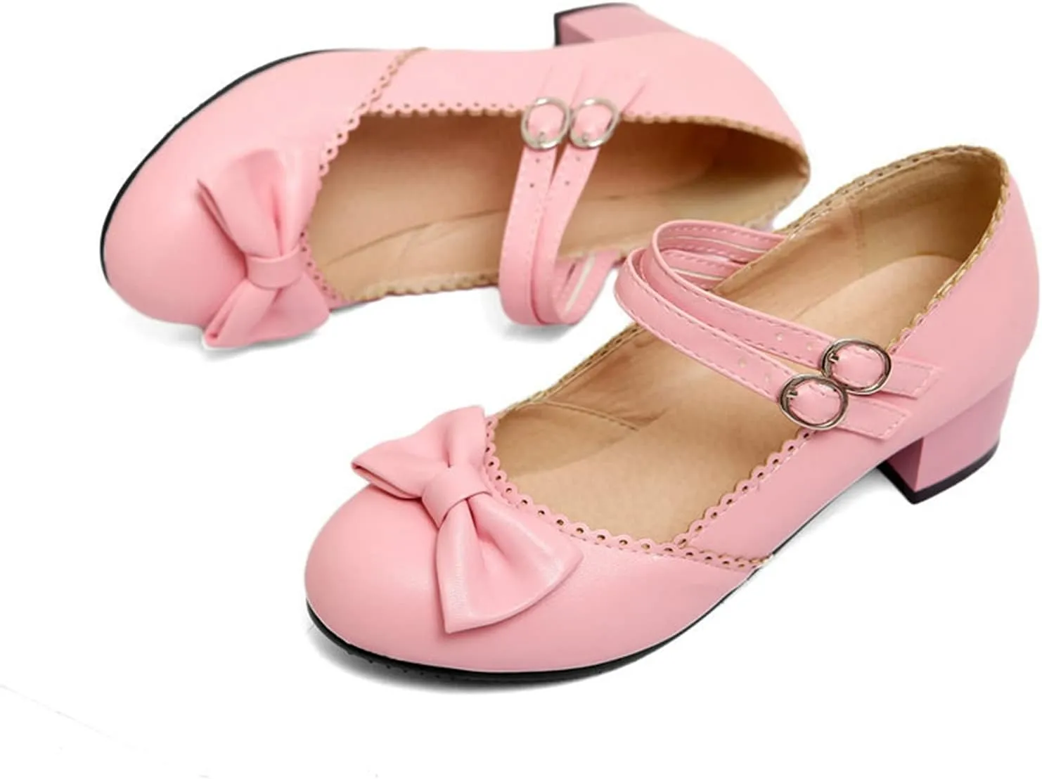 Women Mary Jane Sweet Bow Dress Pumps Double Ankle Strap Round Toe Fashion Girls Chunky Mid Heel Shoes