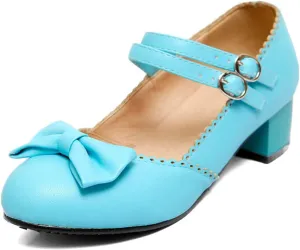 Women Mary Jane Sweet Bow Dress Pumps Double Ankle Strap Round Toe Fashion Girls Chunky Mid Heel Shoes