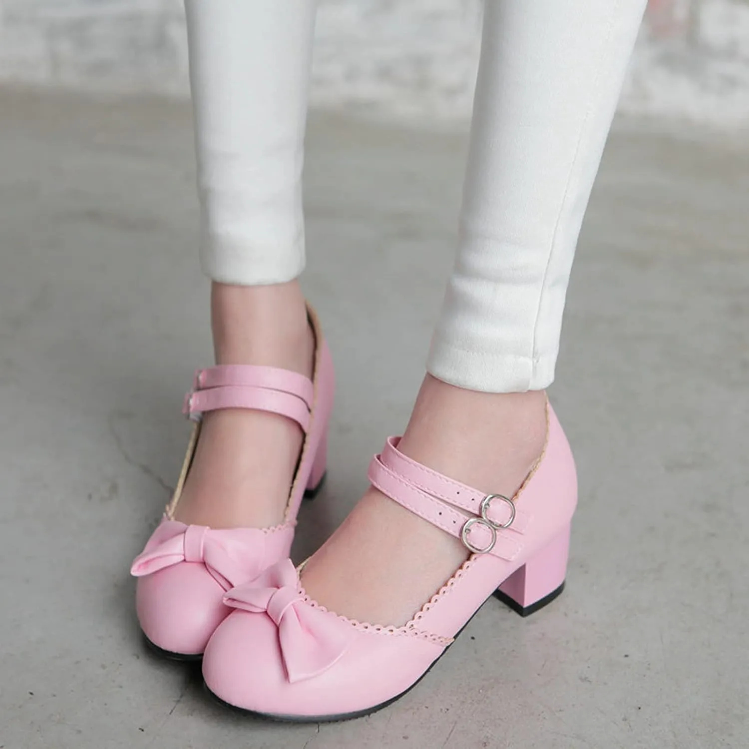 Women Mary Jane Sweet Bow Dress Pumps Double Ankle Strap Round Toe Fashion Girls Chunky Mid Heel Shoes