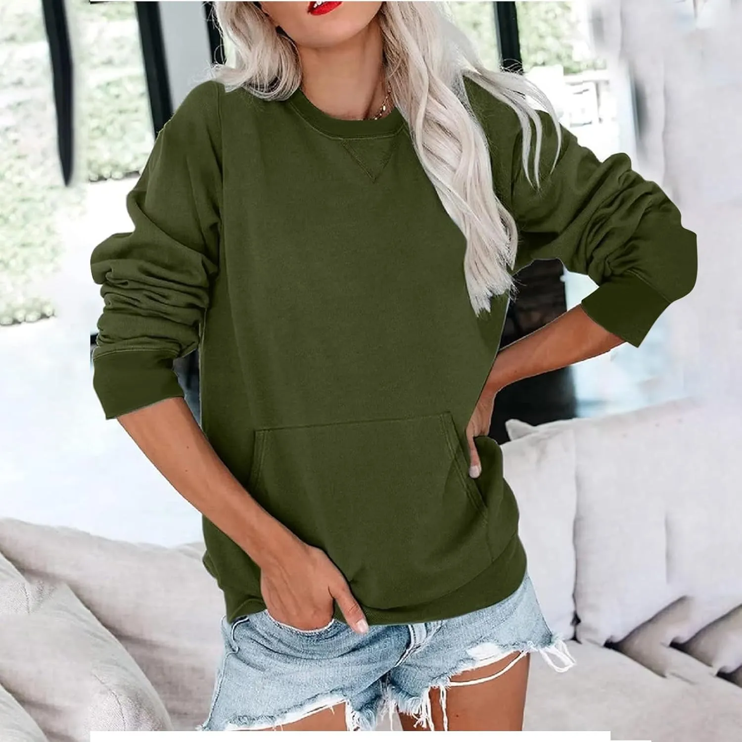 Women Solid Colors Crewneck Sweatshirts Long Sleeve Pullover Tops No Hood Cute Sweatshirt Comfort Sweaters 2024