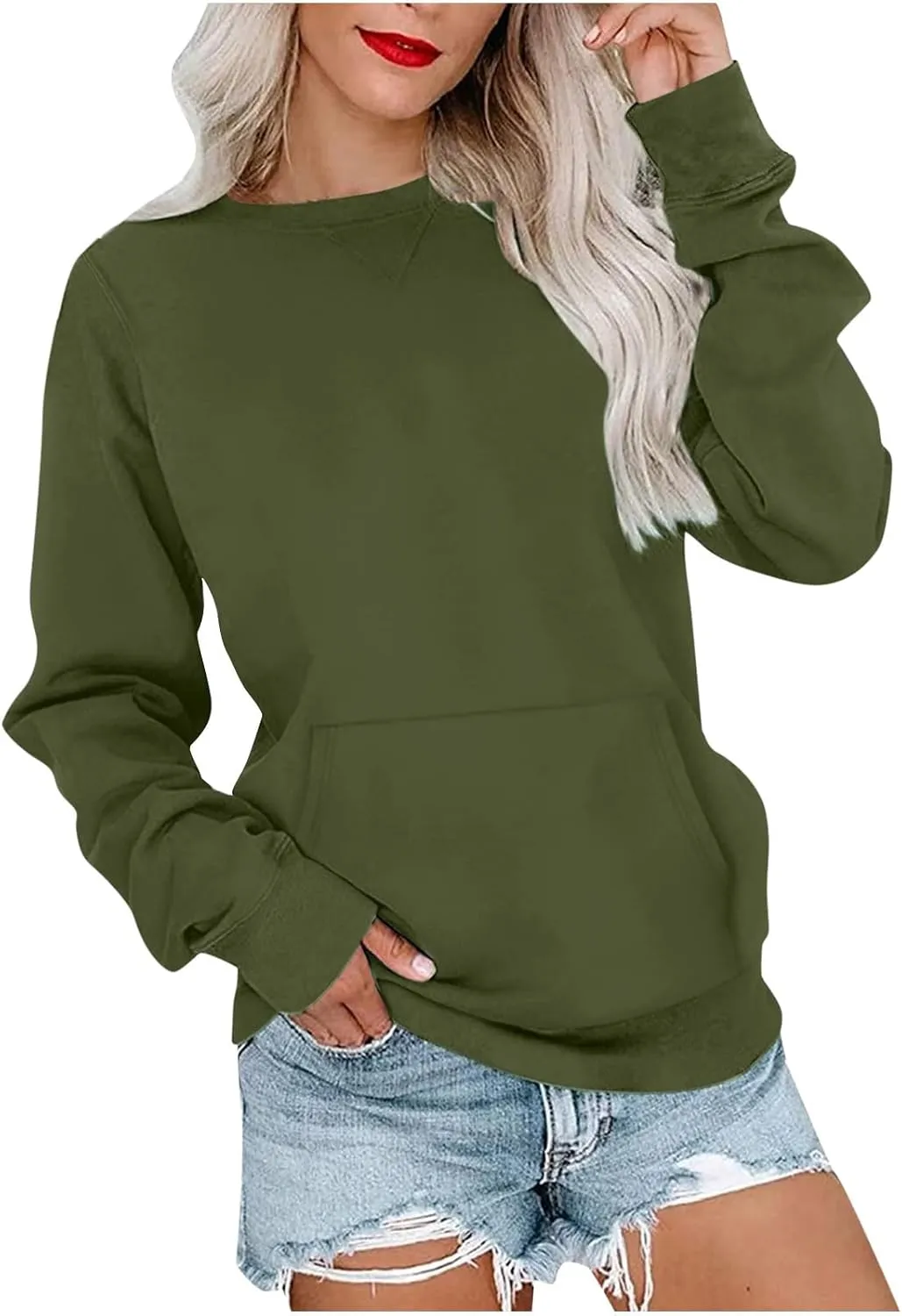 Women Solid Colors Crewneck Sweatshirts Long Sleeve Pullover Tops No Hood Cute Sweatshirt Comfort Sweaters 2024