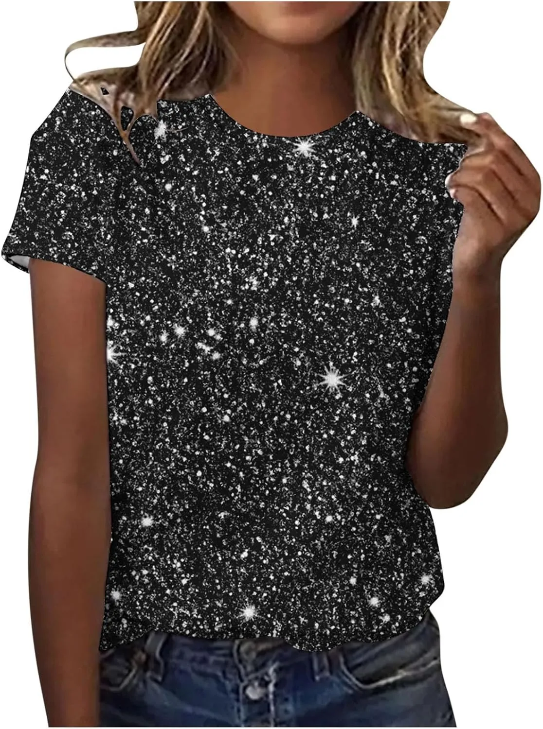 Women Sparkly Graphic Print Tops Tie Dye Tee Shirt Loose Short Sleeve Crewneck Tshirt Basic Casual Color Block Blouse