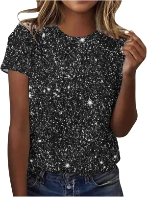 Women Sparkly Graphic Print Tops Tie Dye Tee Shirt Loose Short Sleeve Crewneck Tshirt Basic Casual Color Block Blouse