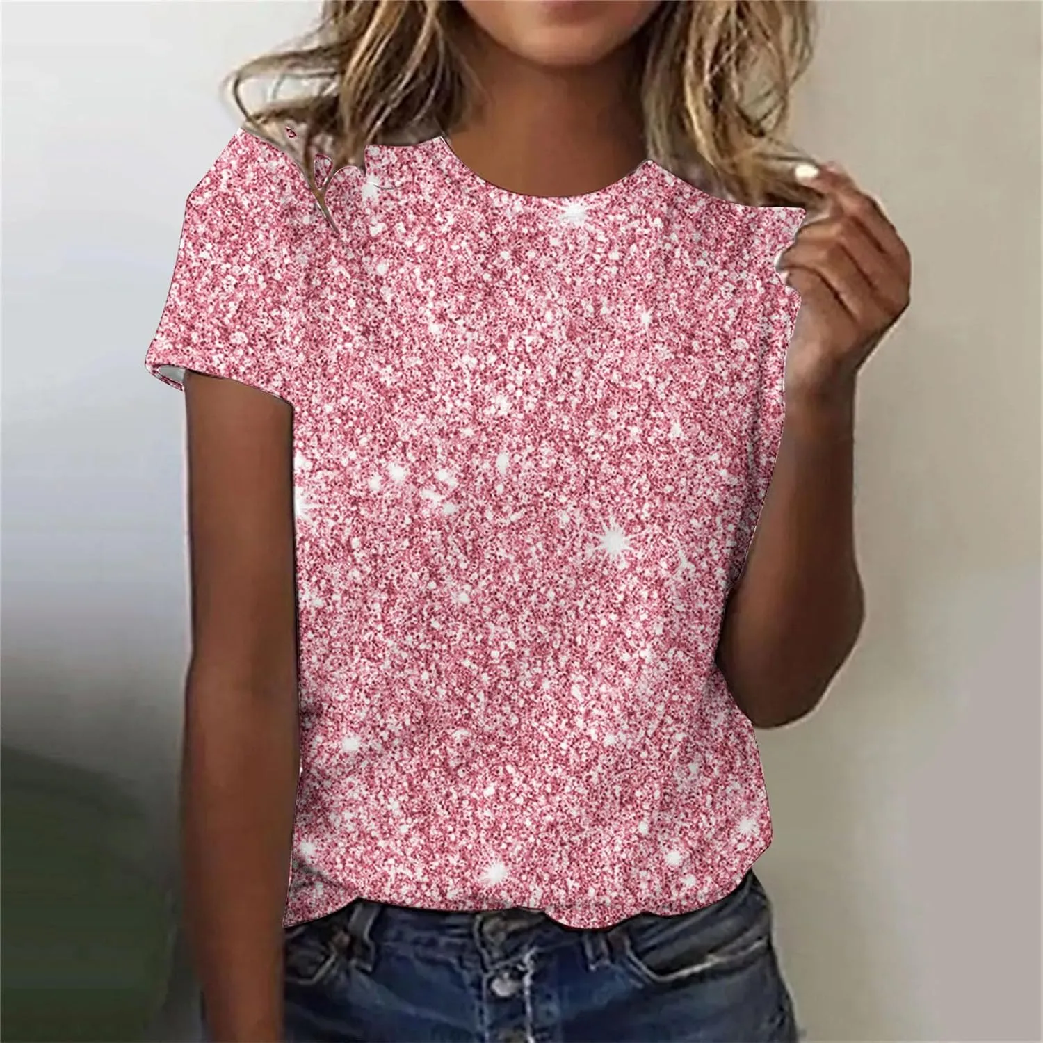 Women Sparkly Graphic Print Tops Tie Dye Tee Shirt Loose Short Sleeve Crewneck Tshirt Basic Casual Color Block Blouse