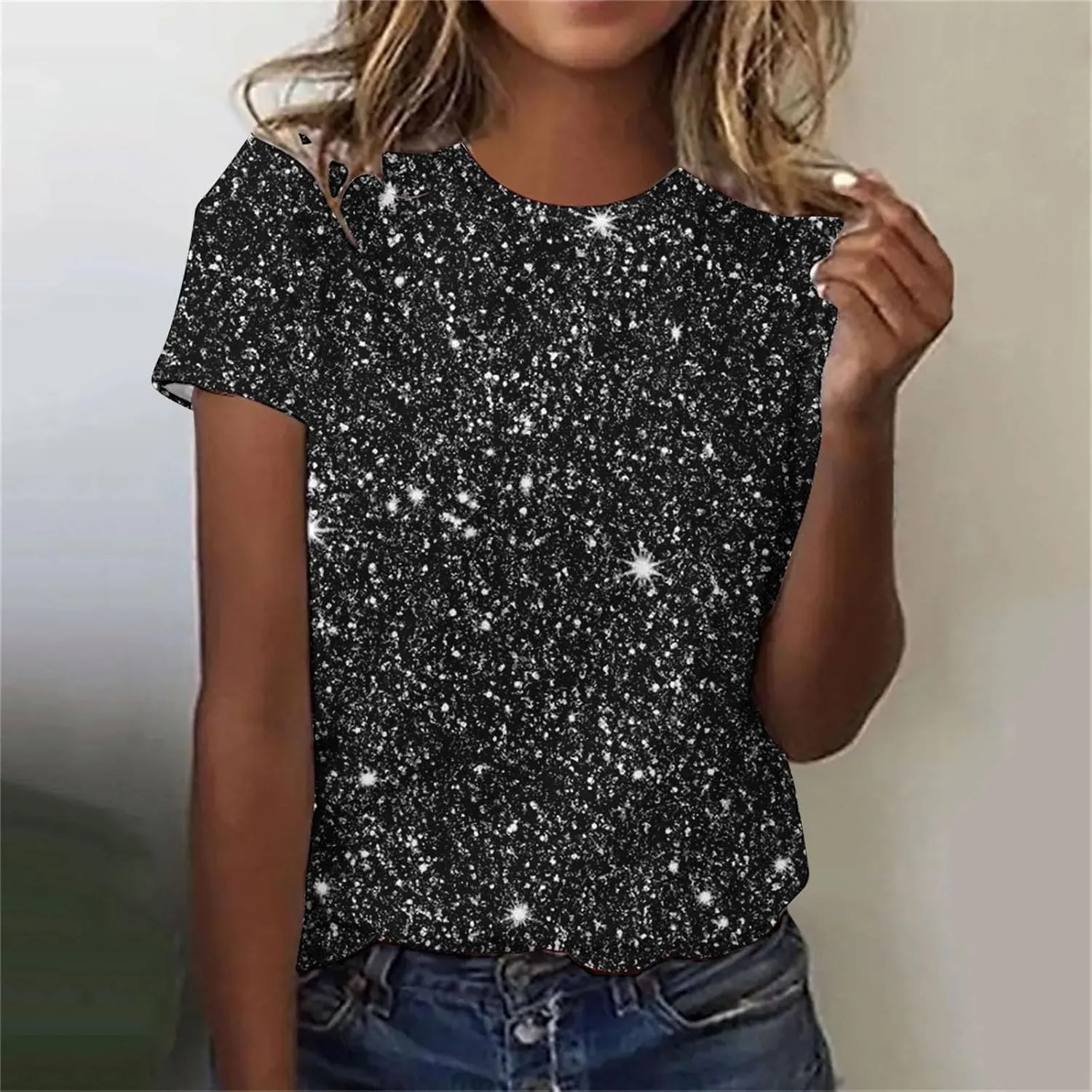 Women Sparkly Graphic Print Tops Tie Dye Tee Shirt Loose Short Sleeve Crewneck Tshirt Basic Casual Color Block Blouse