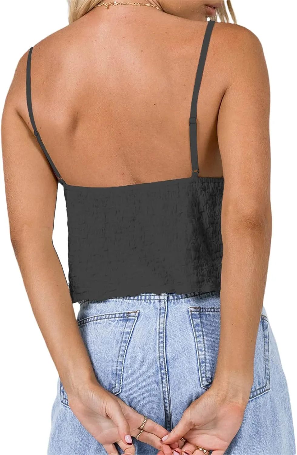 Women Tie Front Tank Spaghetti Strap Y2k Babydoll Top Flowy Summer Going Out Shirt