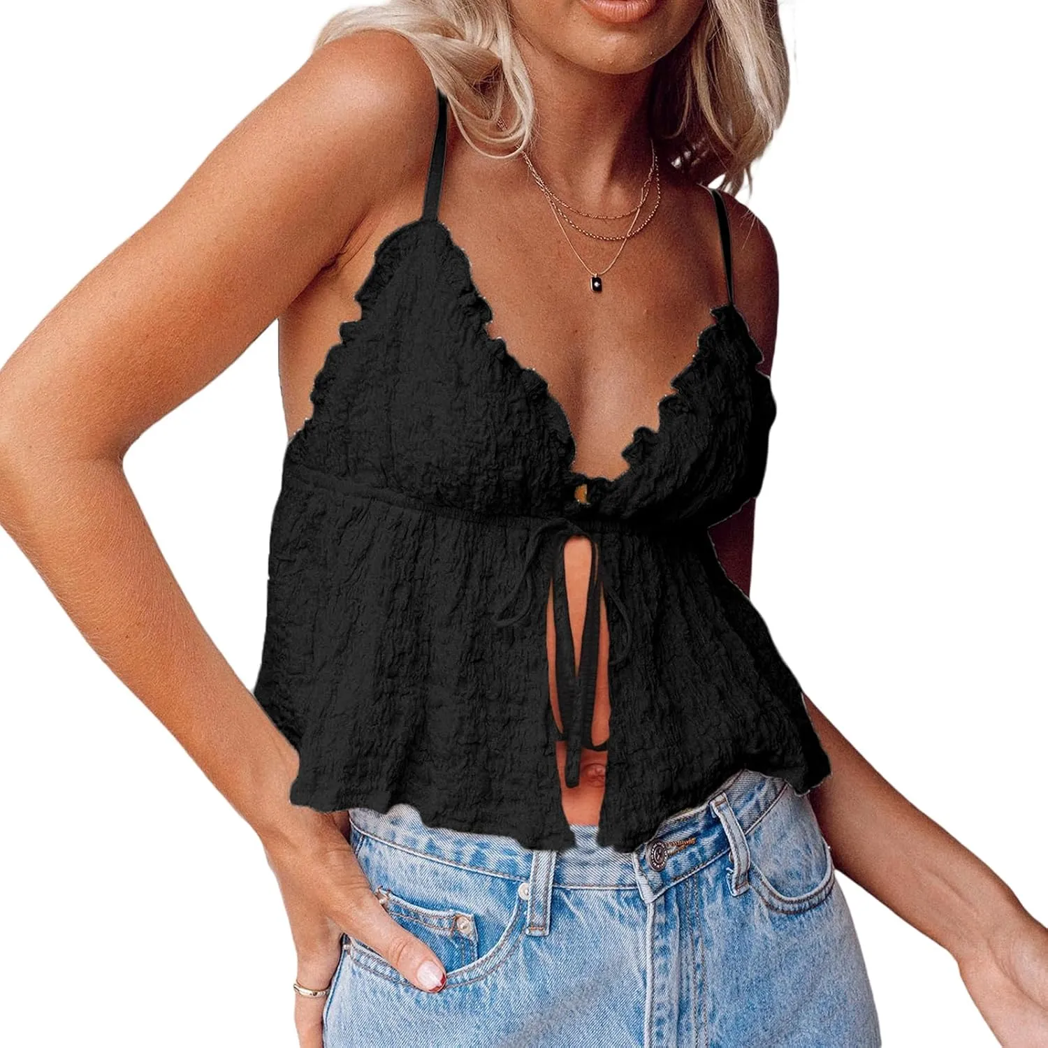 Women Tie Front Tank Spaghetti Strap Y2k Babydoll Top Flowy Summer Going Out Shirt