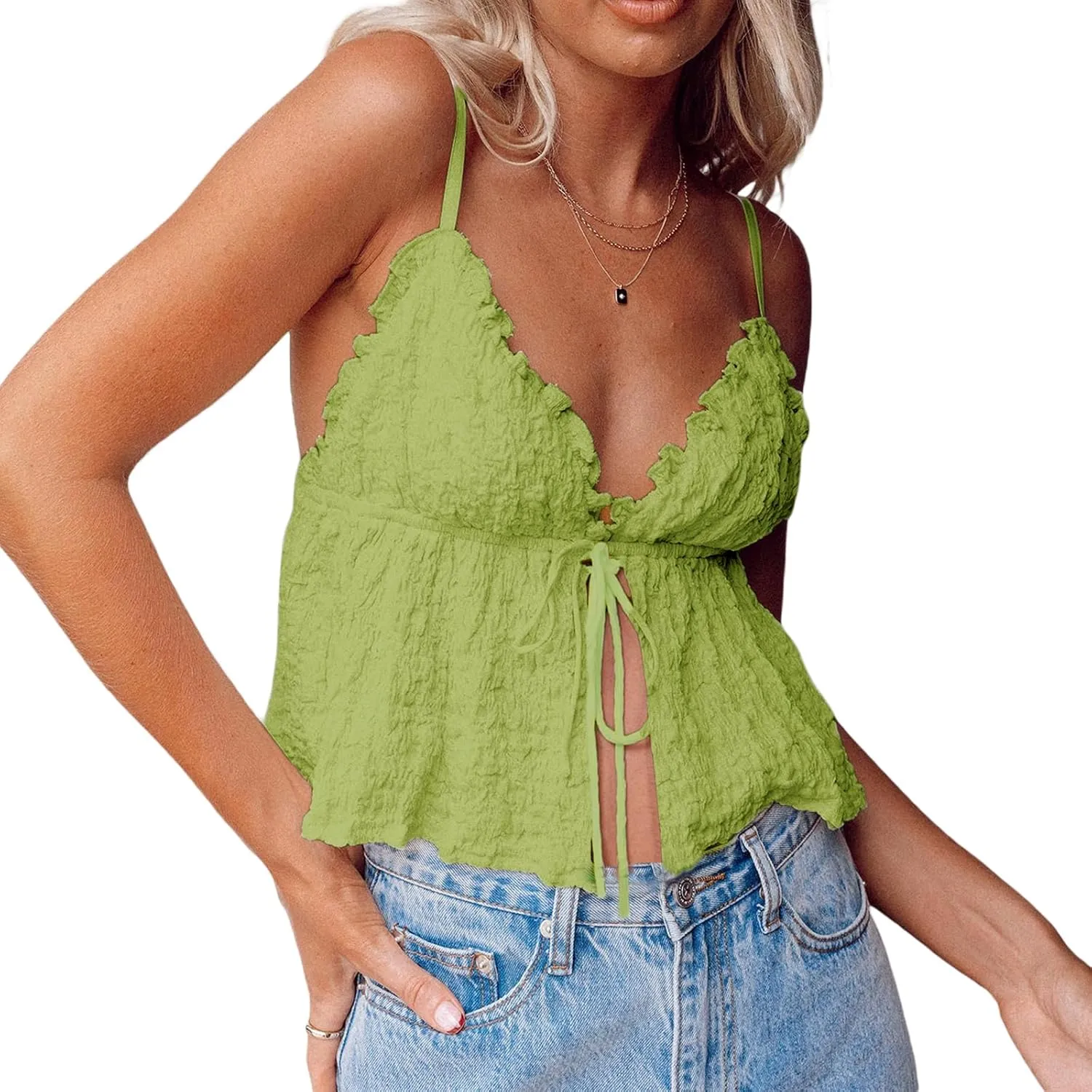 Women Tie Front Tank Spaghetti Strap Y2k Babydoll Top Flowy Summer Going Out Shirt