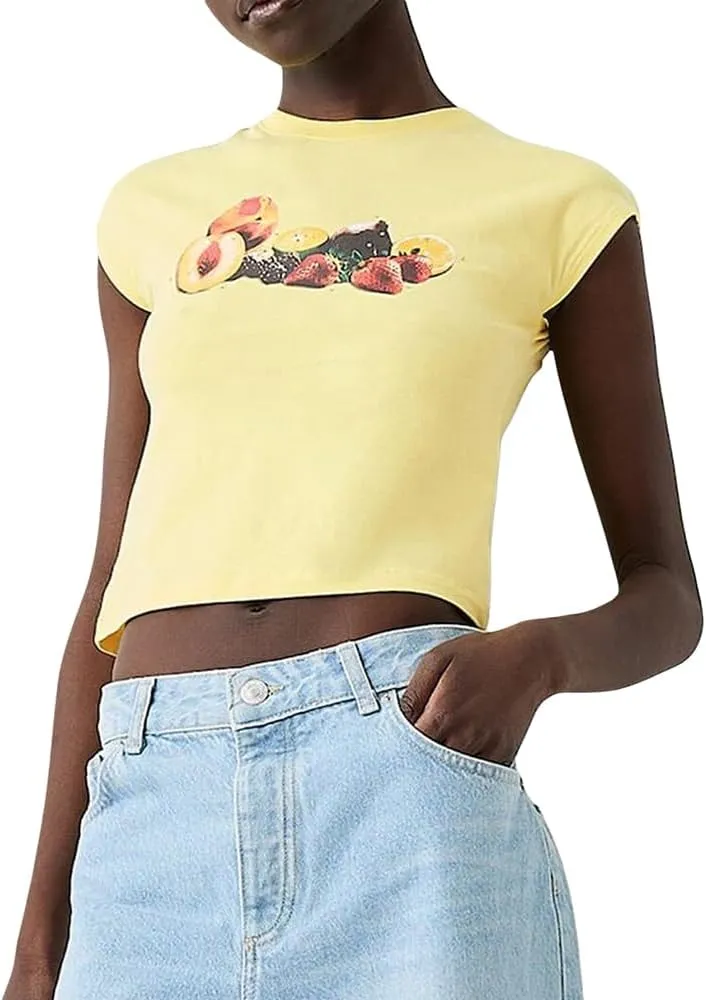 Women Vintage Graphic Baby Tees Cute Print Short Sleeve Crop Top Fairy Crew Neck Top 00s Aesthetic Going Out Shirts