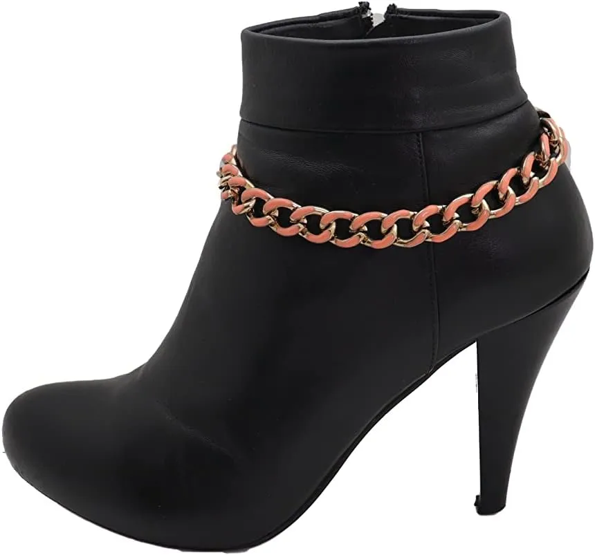 Women Western Fashion Jewelry Gold Metal Boot Chain Coral Color Links Bling Bracelet Shoe Anklet Charm