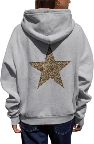 Women Y2k Leopard Print Star Graphic Oversized Hoodies Men Long Sleeve Fleece Hooded Sweatshirt Grunge Streetwear