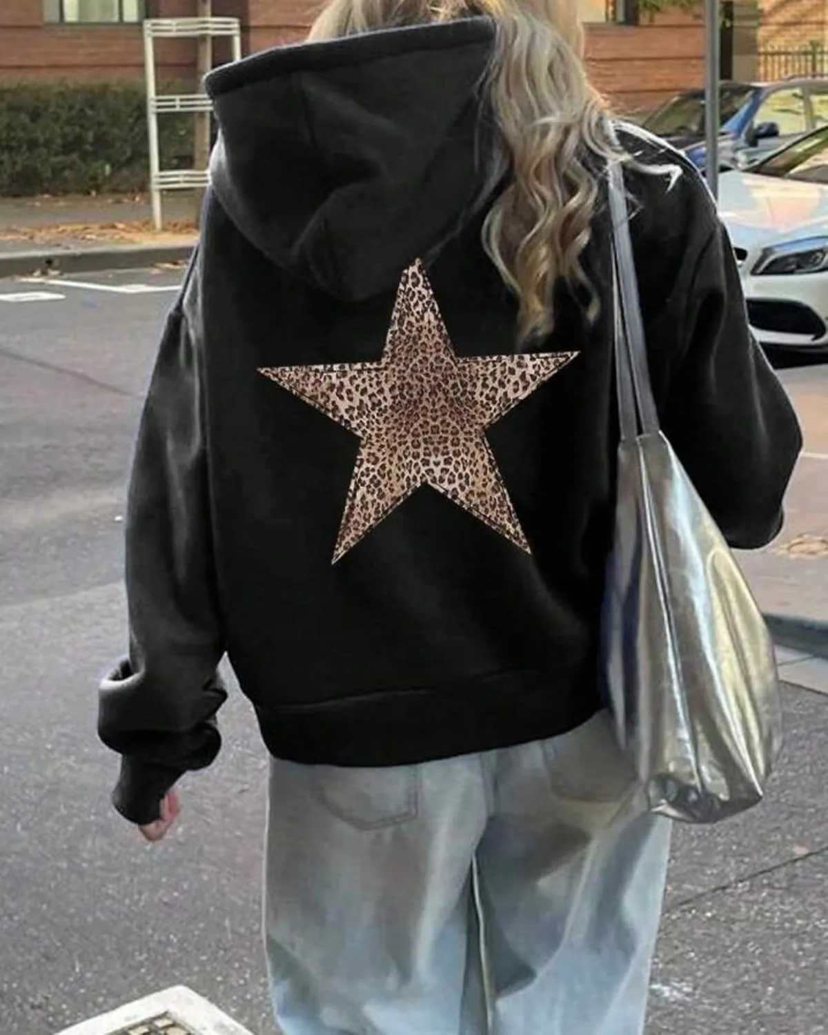 Women Y2k Leopard Print Star Graphic Oversized Hoodies Men Long Sleeve Fleece Hooded Sweatshirt Grunge Streetwear