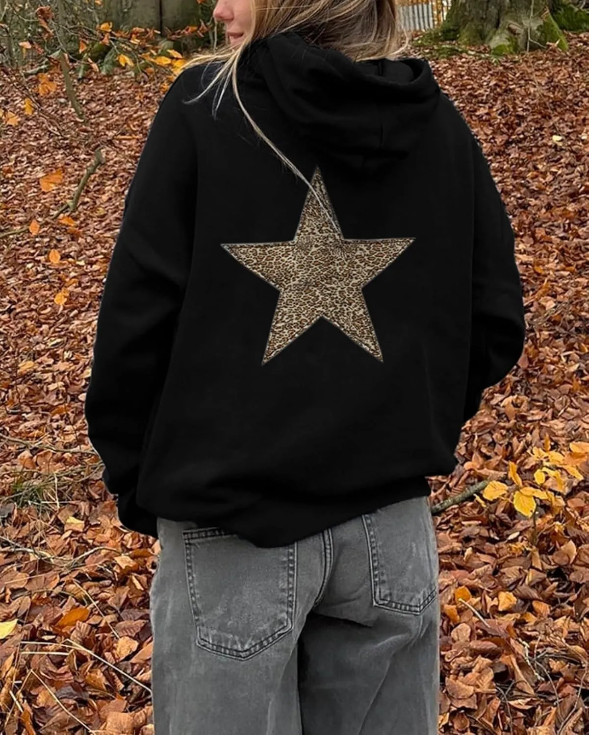 Women Y2k Leopard Print Star Graphic Oversized Hoodies Men Long Sleeve Fleece Hooded Sweatshirt Grunge Streetwear