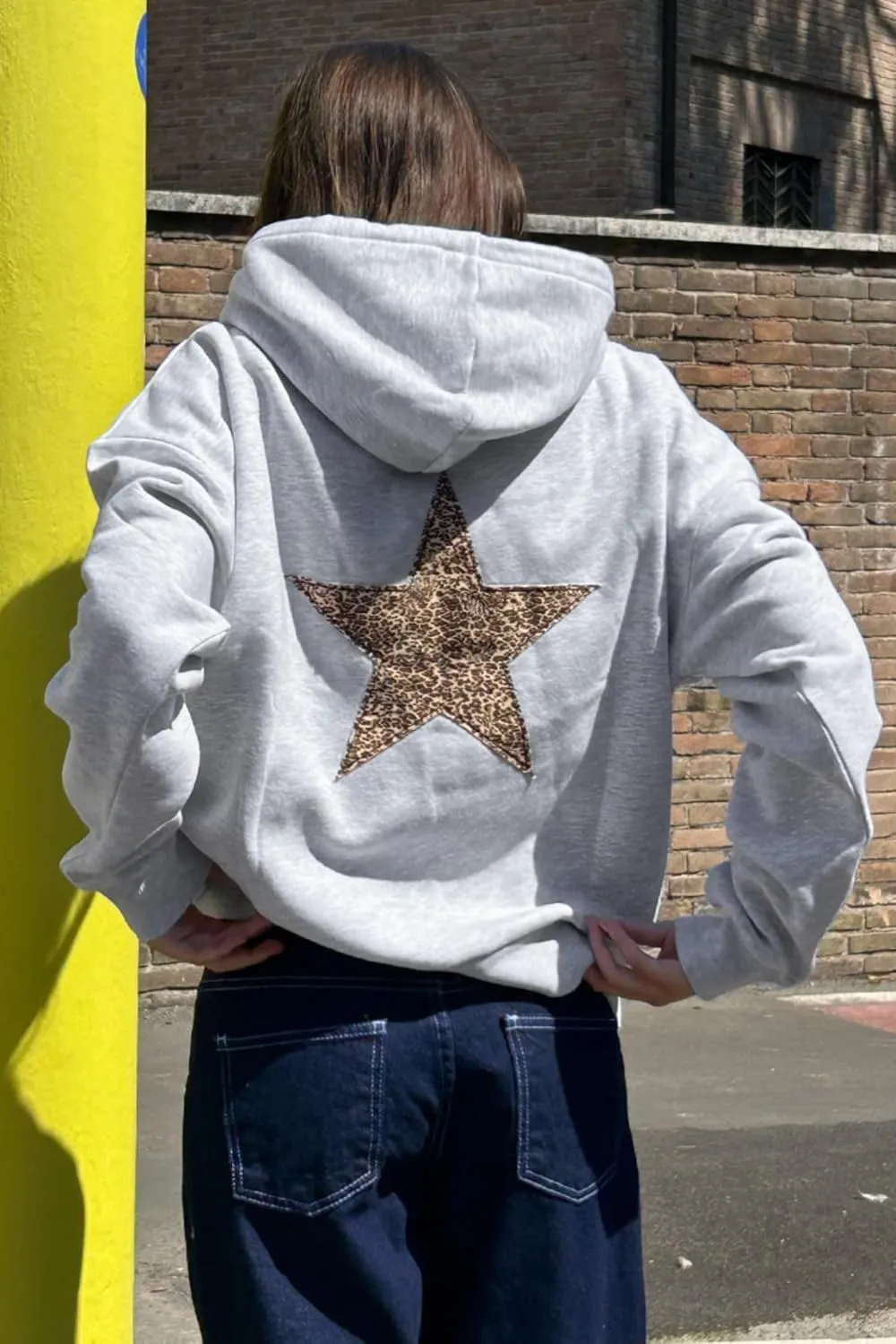 Women Y2k Leopard Print Star Graphic Oversized Hoodies Men Long Sleeve Fleece Hooded Sweatshirt Grunge Streetwear