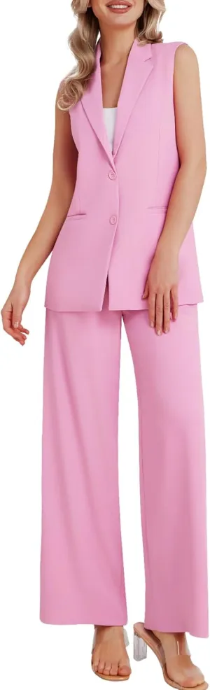 Women's 2 Piece Suit Sets Sleeveless Two Button Vest and Wide Leg Pants Business Casual Work Outfits