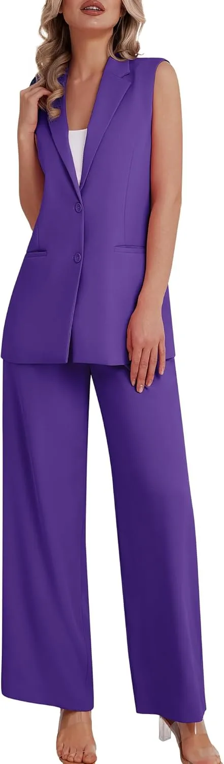 Women's 2 Piece Suit Sets Sleeveless Two Button Vest and Wide Leg Pants Business Casual Work Outfits