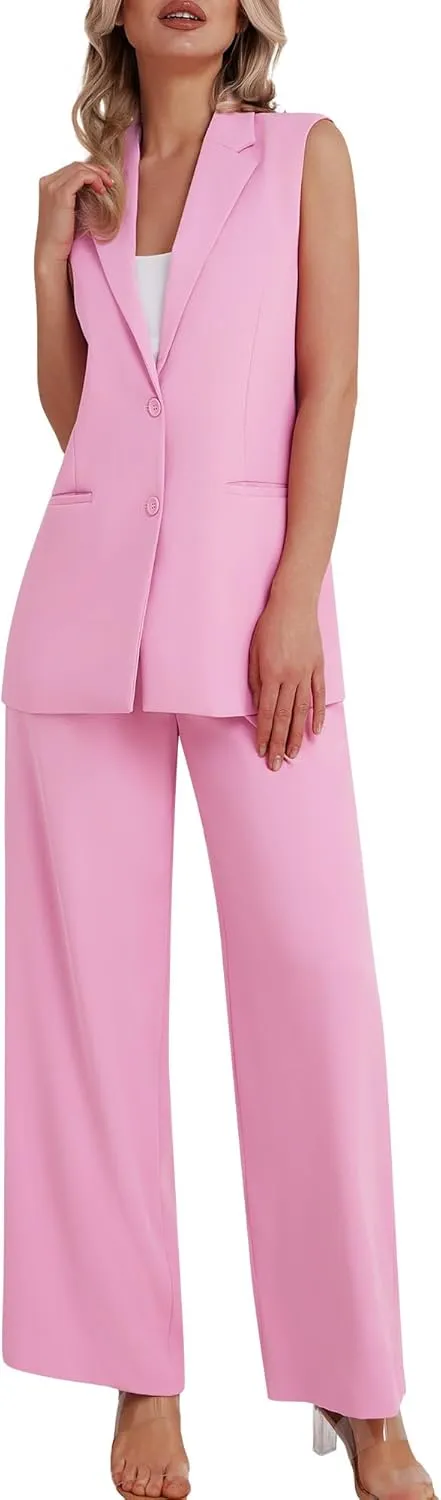 Women's 2 Piece Suit Sets Sleeveless Two Button Vest and Wide Leg Pants Business Casual Work Outfits