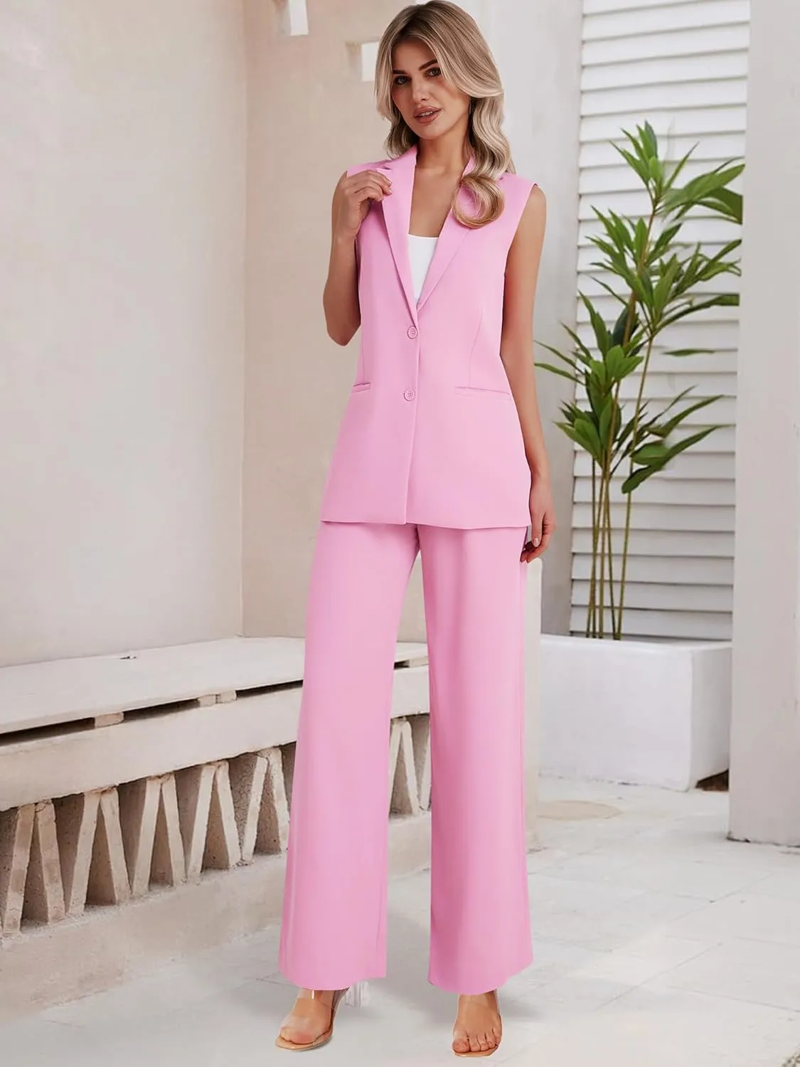 Women's 2 Piece Suit Sets Sleeveless Two Button Vest and Wide Leg Pants Business Casual Work Outfits