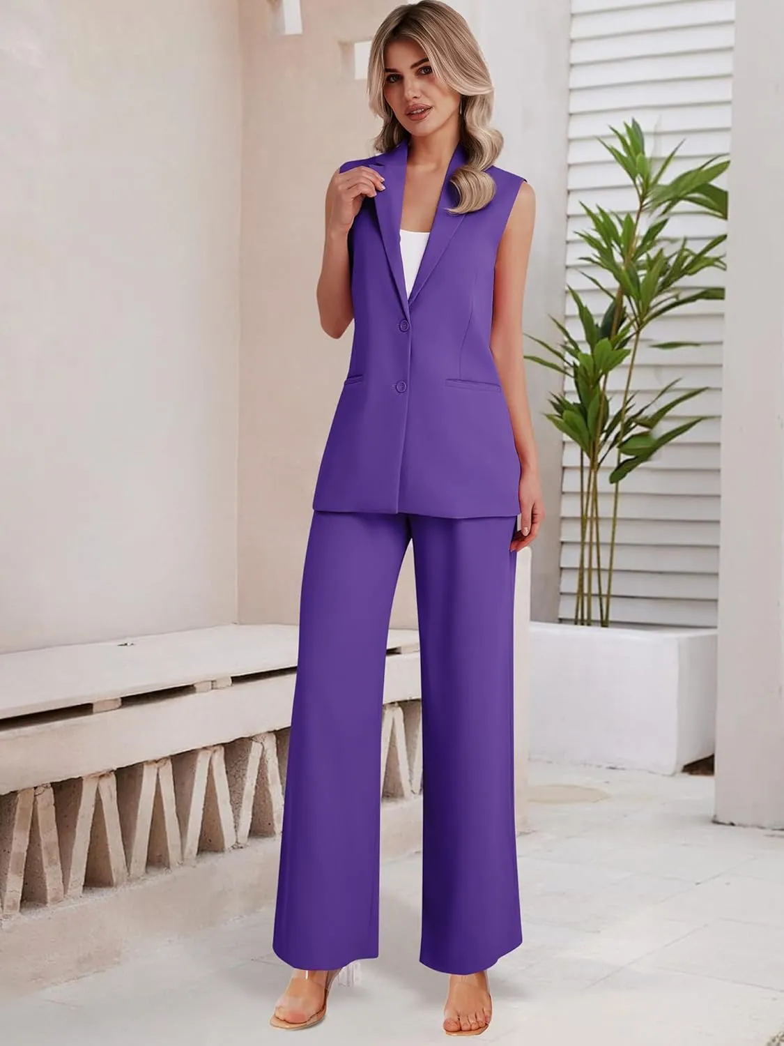 Women's 2 Piece Suit Sets Sleeveless Two Button Vest and Wide Leg Pants Business Casual Work Outfits