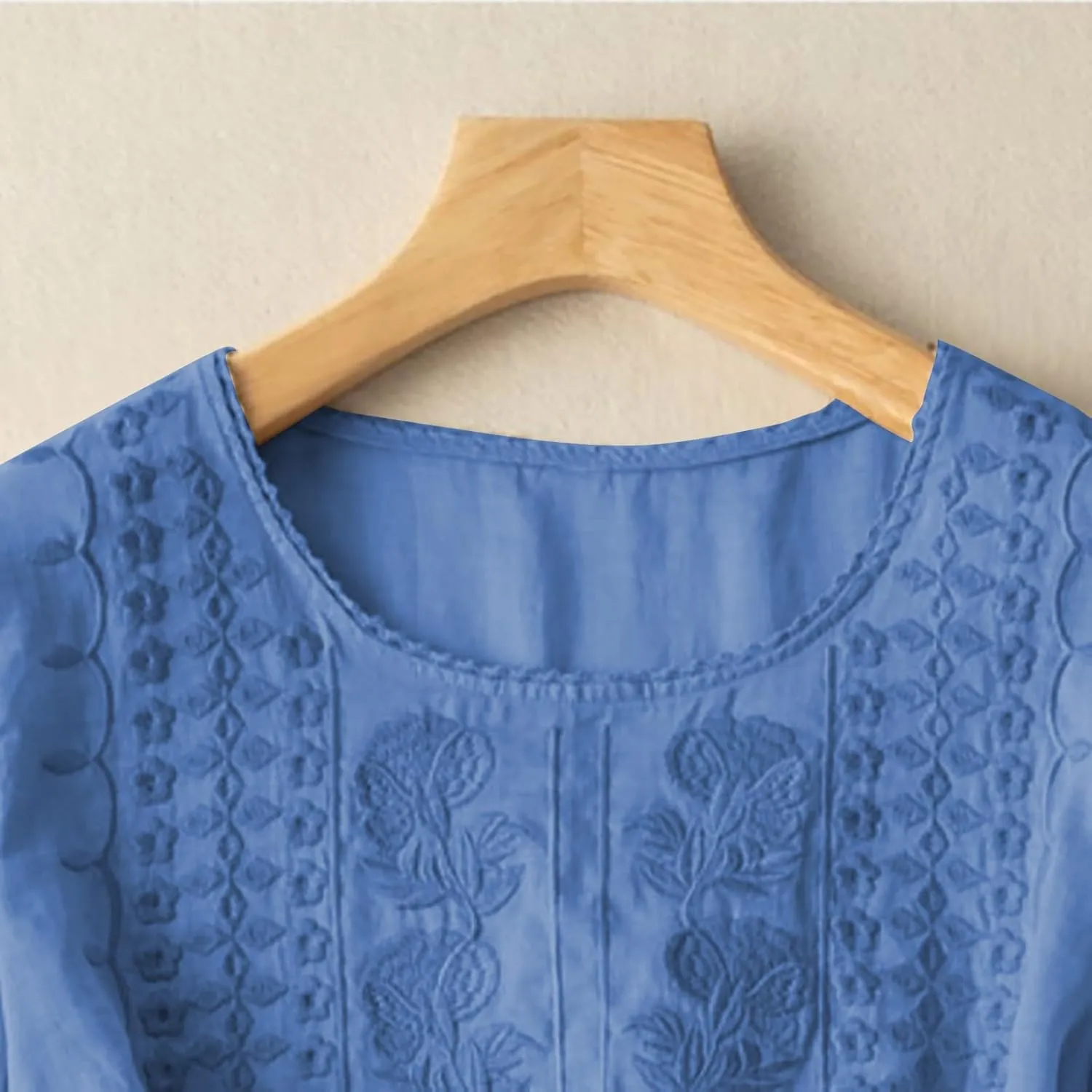 Women's 3/4 Sleeve Cotton Linen Jacquard Blouses Top T-Shirt 2025 Loose Fit Crew Neck Floral Embroidery Ruched Shirt