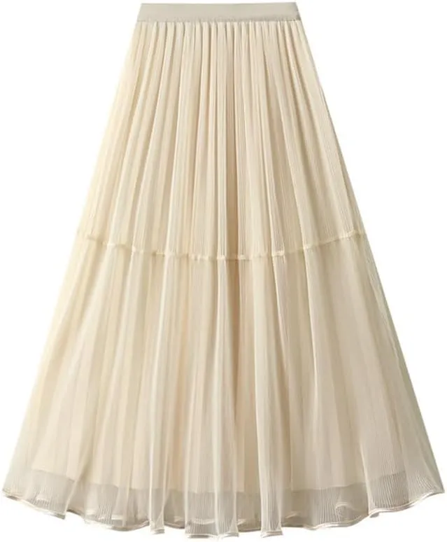 Women's A-line Tulle Skirts Lined Elastic Waist High Waist Skirt Midi Lace Long Pleated Mesh Skirt Reversible Skirt