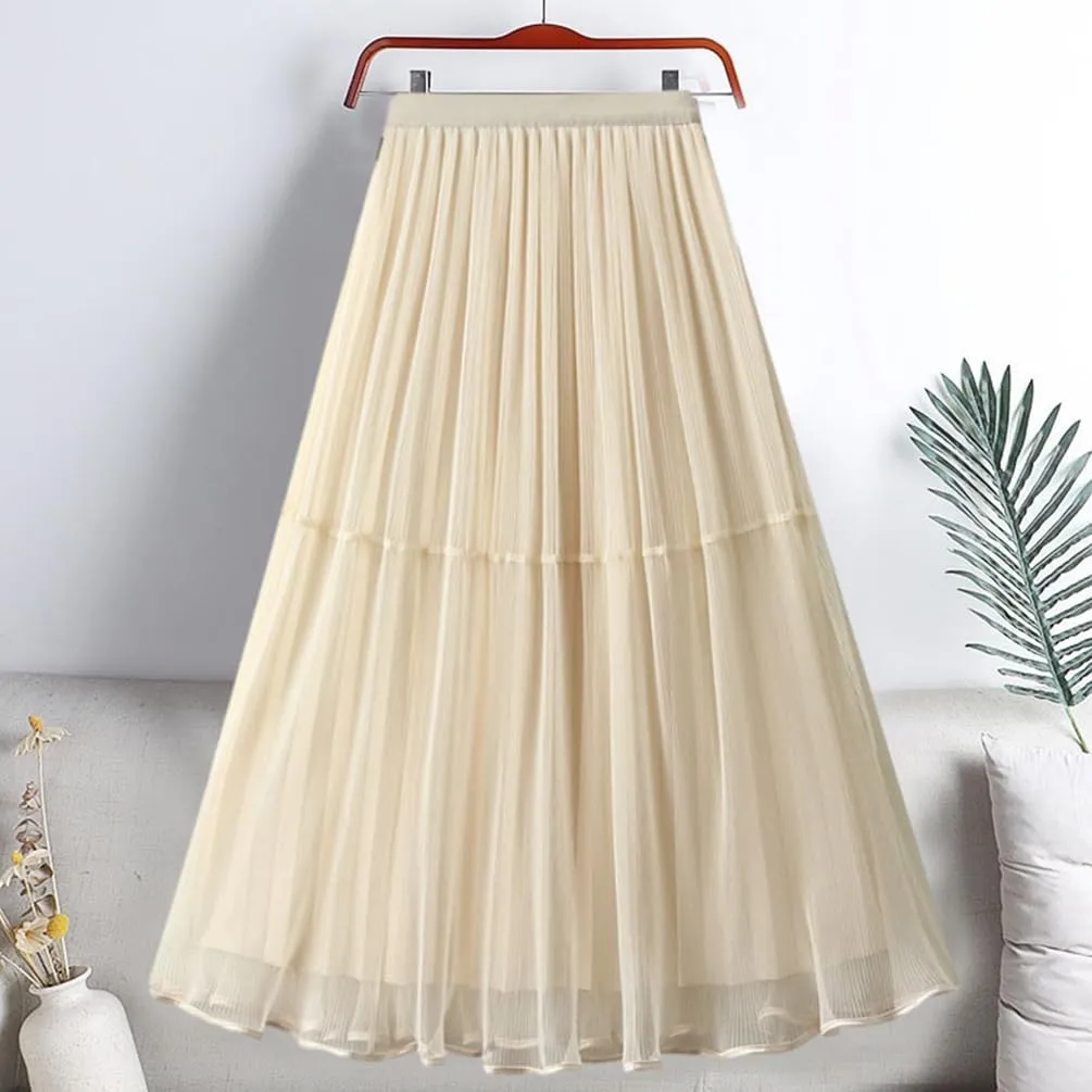 Women's A-line Tulle Skirts Lined Elastic Waist High Waist Skirt Midi Lace Long Pleated Mesh Skirt Reversible Skirt