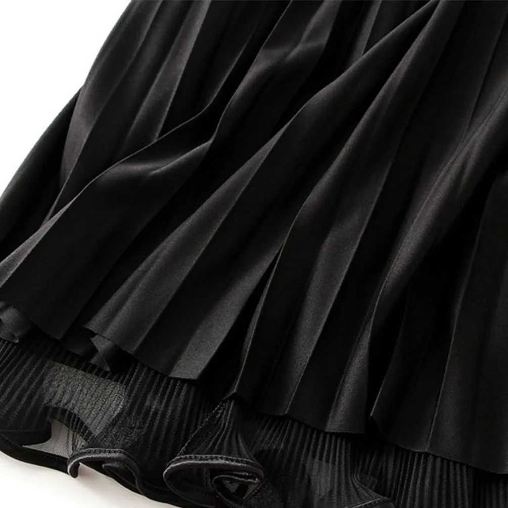Women's A-line Tulle Skirts Lined Elastic Waist High Waist Skirt Midi Lace Long Pleated Mesh Skirt Reversible Skirt