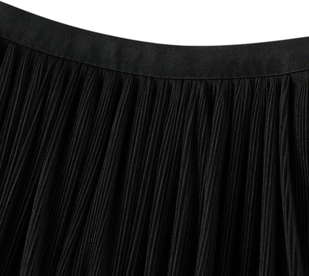 Women's A-line Tulle Skirts Lined Elastic Waist High Waist Skirt Midi Lace Long Pleated Mesh Skirt Reversible Skirt