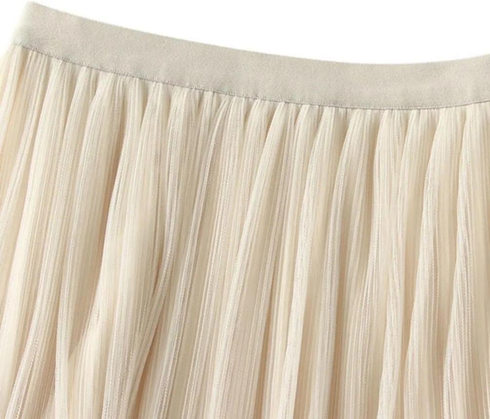 Women's A-line Tulle Skirts Lined Elastic Waist High Waist Skirt Midi Lace Long Pleated Mesh Skirt Reversible Skirt