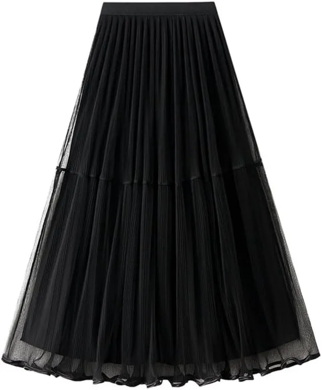 Women's A-line Tulle Skirts Lined Elastic Waist High Waist Skirt Midi Lace Long Pleated Mesh Skirt Reversible Skirt