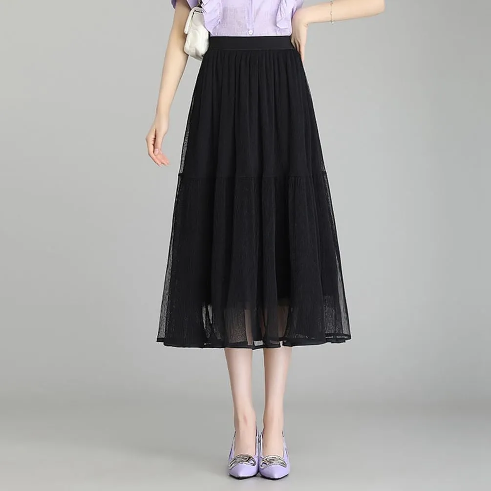 Women's A-line Tulle Skirts Lined Elastic Waist High Waist Skirt Midi Lace Long Pleated Mesh Skirt Reversible Skirt