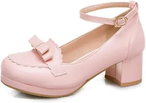 Women's Ankle Strap Chunky Heel Pumps Closed Round Toe Fashion Bow Comfortable Platform Dress Shoes